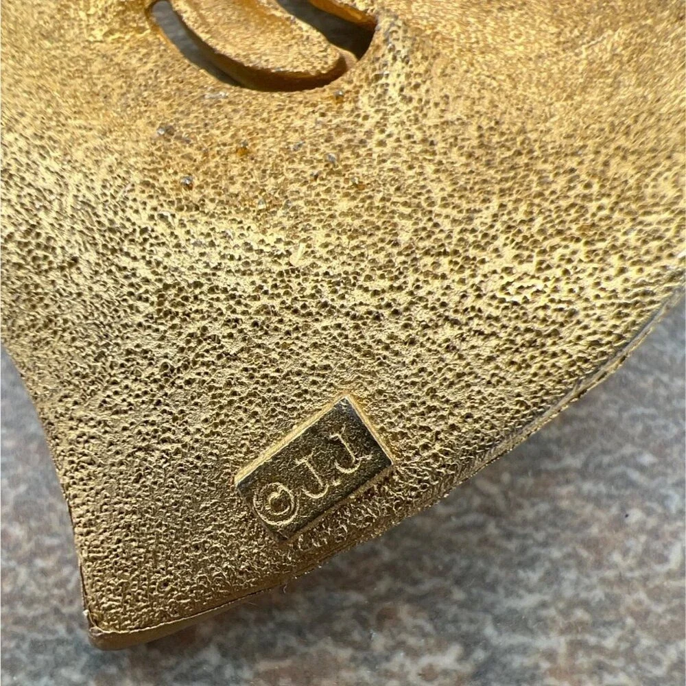 Puffy Heart Brooch Large Brocade Textured Abstract Vintage Gold Tone JJ Jonette‎